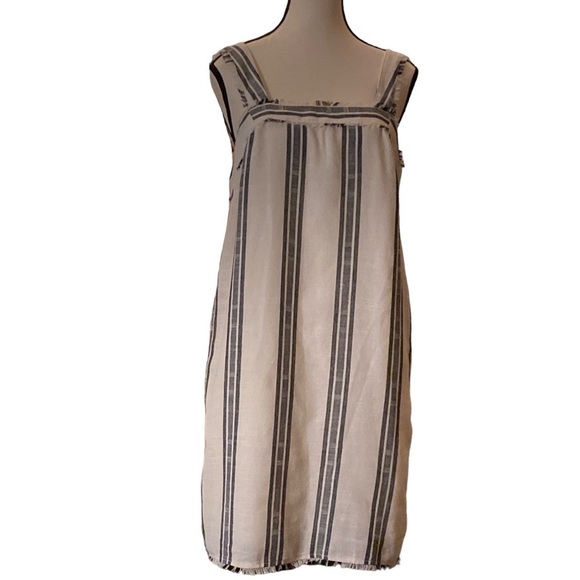 Essue- navy blue & natural white gunny sack stripe sleeveless pinafore dress NWT - Picture 2 of 10